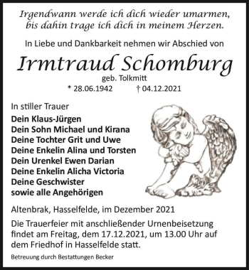 Traueranzeige von Irmtraud Schomburg (geb. Tolkmitt)  von Magdeburger Volksstimme