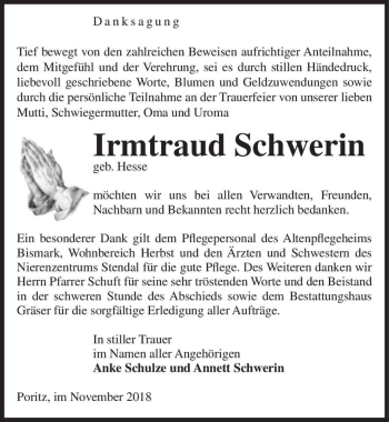 Traueranzeige von Irmtraud Schwerin (geb. Hesse)  von Magdeburger Volksstimme