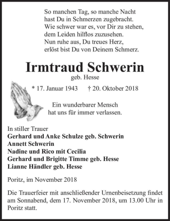 Traueranzeige von Irmtraud Schwerin (geb. Hesse)  von Magdeburger Volksstimme