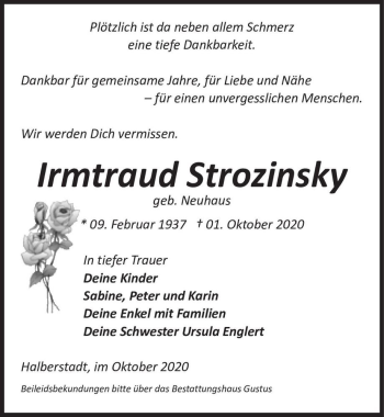Traueranzeige von Irmtraud Strozinsky (geb. Neuhaus)  von Magdeburger Volksstimme