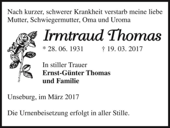 Traueranzeige von Irmtraud Thomas  von Magdeburger Volksstimme