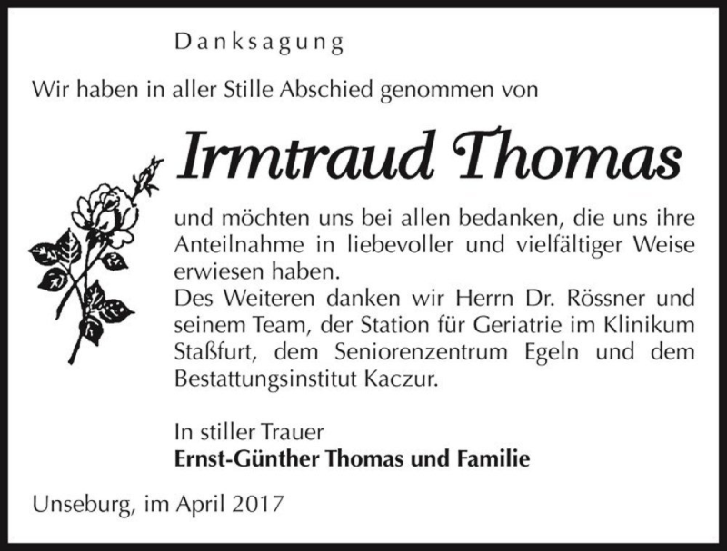  Traueranzeige für Irmtraud Thomas  vom 08.04.2017 aus Magdeburger Volksstimme