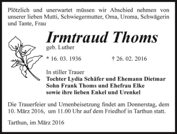 Traueranzeige von Irmtraud Thoms (geb. Luthe)  von Magdeburger Volksstimme