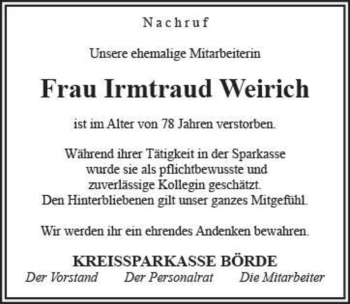 Traueranzeige von Irmtraud Weirich  von Magdeburger Volksstimme