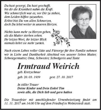 Traueranzeige von Irmtraud Weirich (geb. Kretzschmar)  von Magdeburger Volksstimme