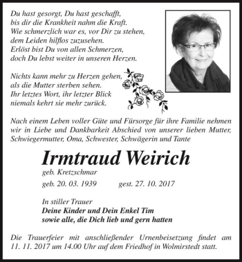Traueranzeige von Irmtraud Weirich (geb. Kretzschmar)  von Magdeburger Volksstimme