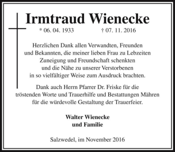 Traueranzeige von Irmtraud Wienecke  von Magdeburger Volksstimme