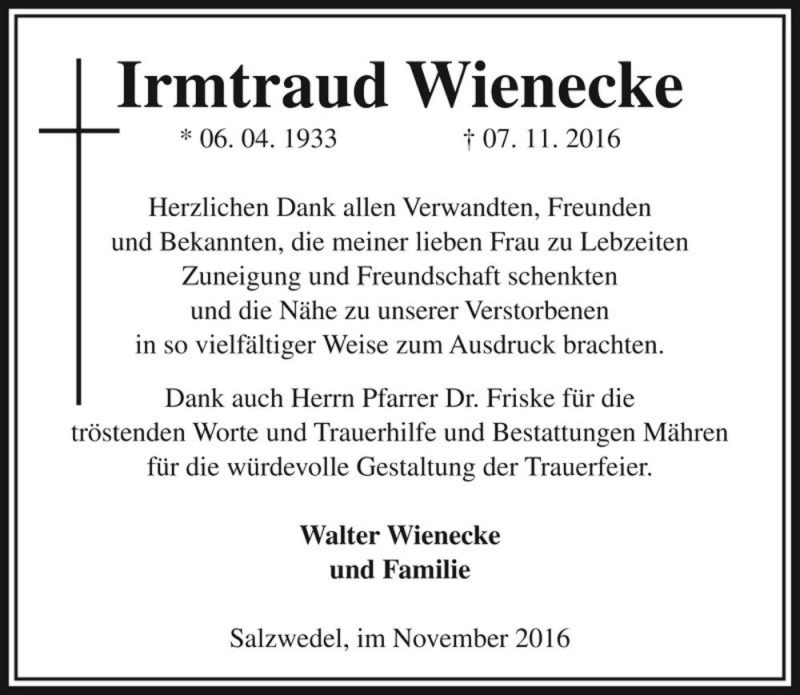  Traueranzeige für Irmtraud Wienecke  vom 10.12.2016 aus Magdeburger Volksstimme