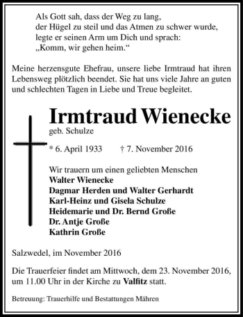 Traueranzeige von Irmtraud Wienecke (geb. Schulze)  von Magdeburger Volksstimme