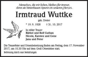 Traueranzeige von Irmtraud Wuttke (geb. Dreier)  von Magdeburger Volksstimme