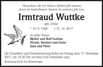 Traueranzeige von Irmtraud Wuttke (geb. Dreier)  von Magdeburger Volksstimme