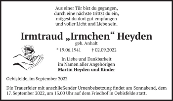 Traueranzeige von Irmtraud “Irmchen“ Heyden (geb. Anhalt)  von Magdeburger Volksstimme