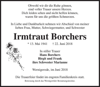 Traueranzeige von Irmtraut Borchers  von Magdeburger Volksstimme