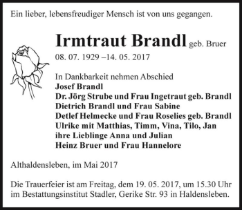 Traueranzeige von Irmtraut Brandl (geb. Bruer)  von Magdeburger Volksstimme