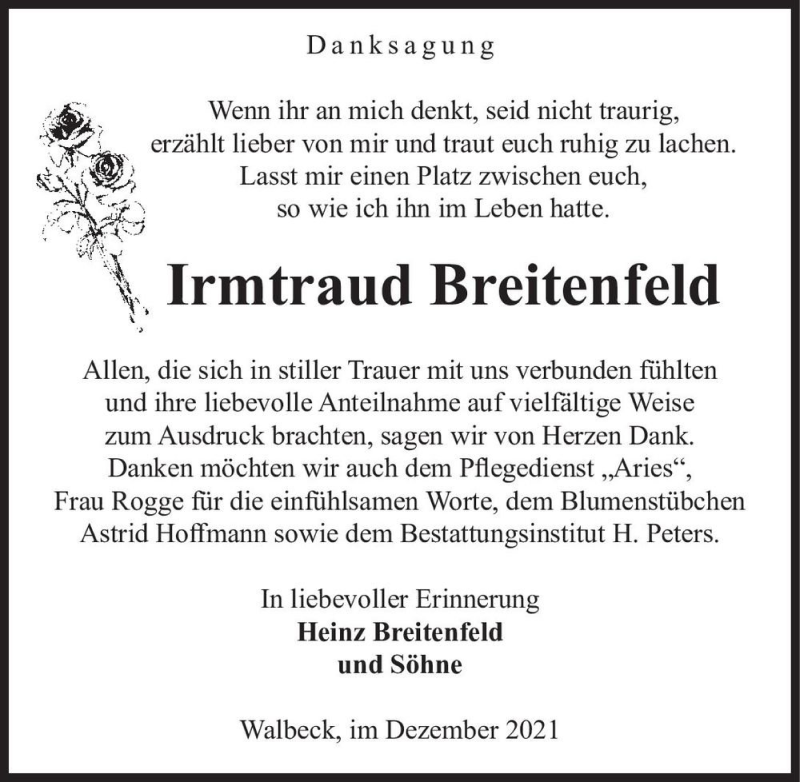  Traueranzeige für Irmtraut Breitenfeld  vom 15.12.2021 aus Magdeburger Volksstimme