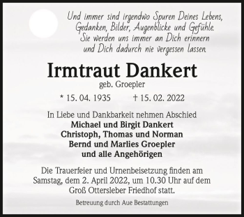 Traueranzeige von Irmtraut Dankert (geb. Groepler)  von Magdeburger Volksstimme