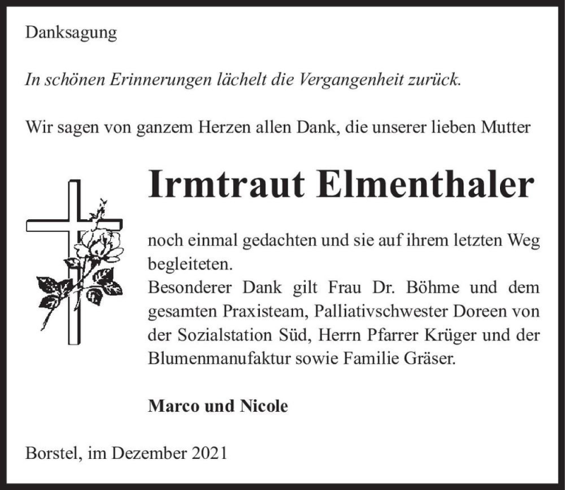  Traueranzeige für Irmtraut Elmenthaler  vom 17.12.2021 aus Magdeburger Volksstimme