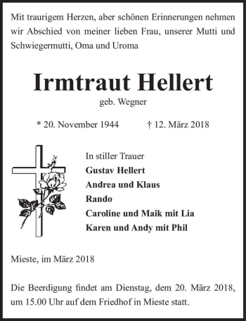 Traueranzeige von Irmtraut Hellert (geb. Wegner)  von Magdeburger Volksstimme