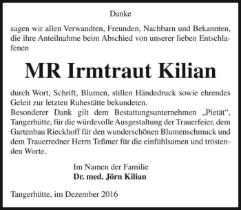 Traueranzeige von Irmtraut Kilian  von Magdeburger Volksstimme