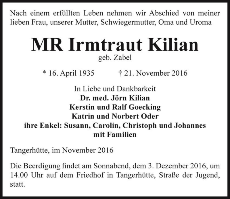  Traueranzeige für Irmtraut Kilian (geb. Zabel)  vom 26.11.2016 aus Magdeburger Volksstimme