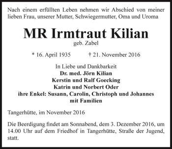 Traueranzeige von Irmtraut Kilian (geb. Zabel)  von Magdeburger Volksstimme