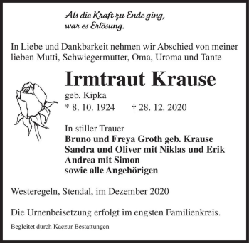 Traueranzeige von Irmtraut Krause (geb. Kipka)  von Magdeburger Volksstimme