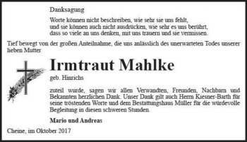 Traueranzeige von Irmtraut Mahlke (geb. Hinrichs)  von Magdeburger Volksstimme
