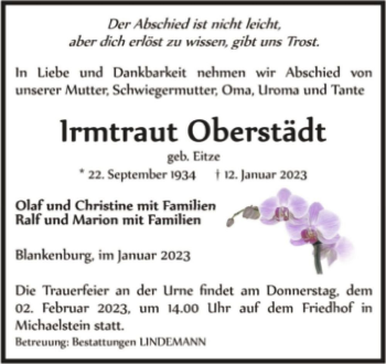 Traueranzeige von Irmtraut Oberstädt (geb. Eitze)  von Magdeburger Volksstimme
