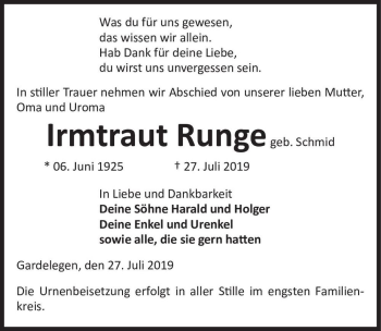 Traueranzeige von Irmtraut Runge (geb. Schmid)  von Magdeburger Volksstimme