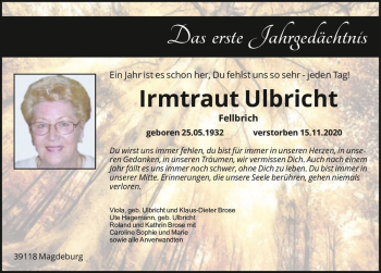 Traueranzeige von Irmtraut Ulbricht (geb. Fellbrich)  von Magdeburger Volksstimme