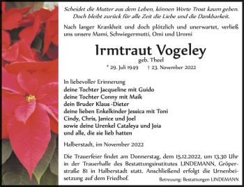 Traueranzeige von Irmtraut Vogeley (geb. Theel)  von Magdeburger Volksstimme
