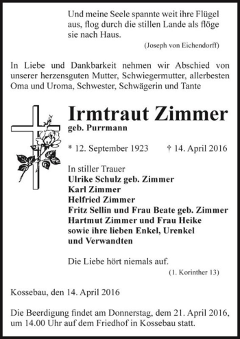 Traueranzeige von Irmtraut Zimmer  von Magdeburger Volksstimme
