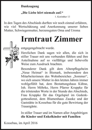Traueranzeige von Irmtraut Zimmer  von Magdeburger Volksstimme