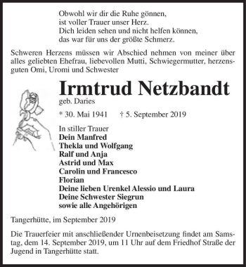 Traueranzeige von Irmtrud Netzband (geb. Daries)  von Magdeburger Volksstimme
