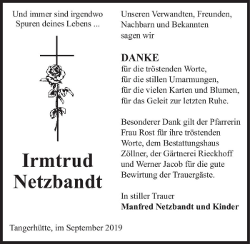 Traueranzeige von Irmtrud Netzbandt  von Magdeburger Volksstimme