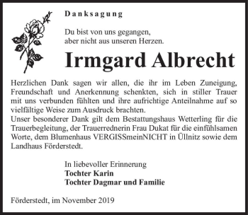 Traueranzeige von Irrngard Albrecht  von Magdeburger Volksstimme