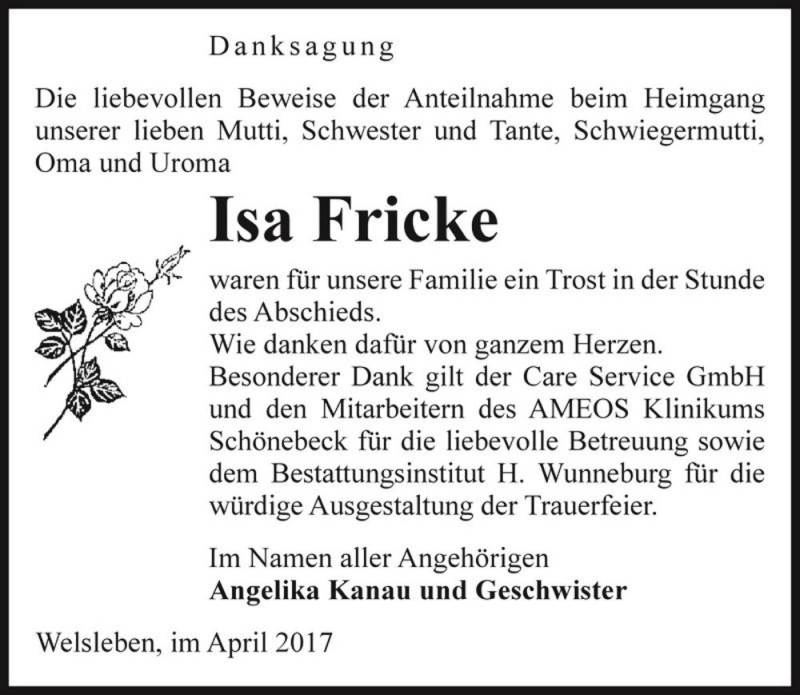  Traueranzeige für Isa Fricke  vom 22.04.2017 aus Magdeburger Volksstimme