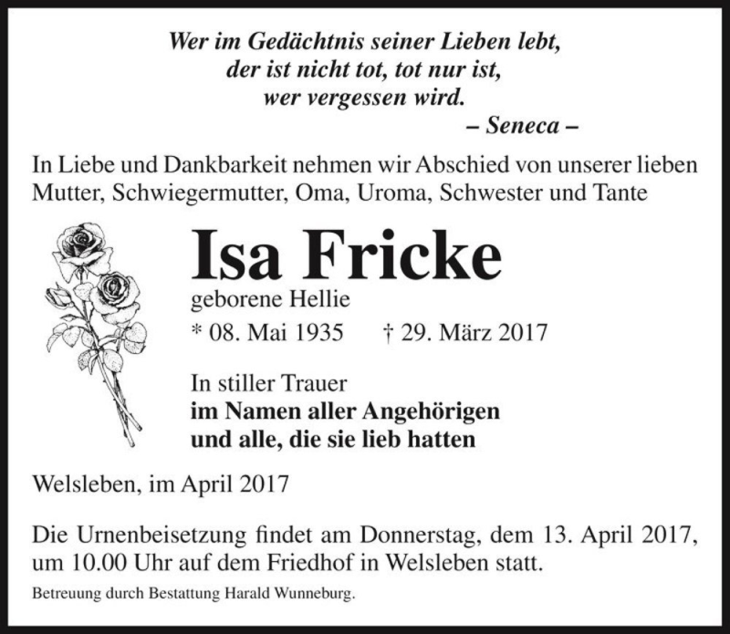  Traueranzeige für Isa Fricke (geb. Hellie)  vom 01.04.2017 aus Magdeburger Volksstimme