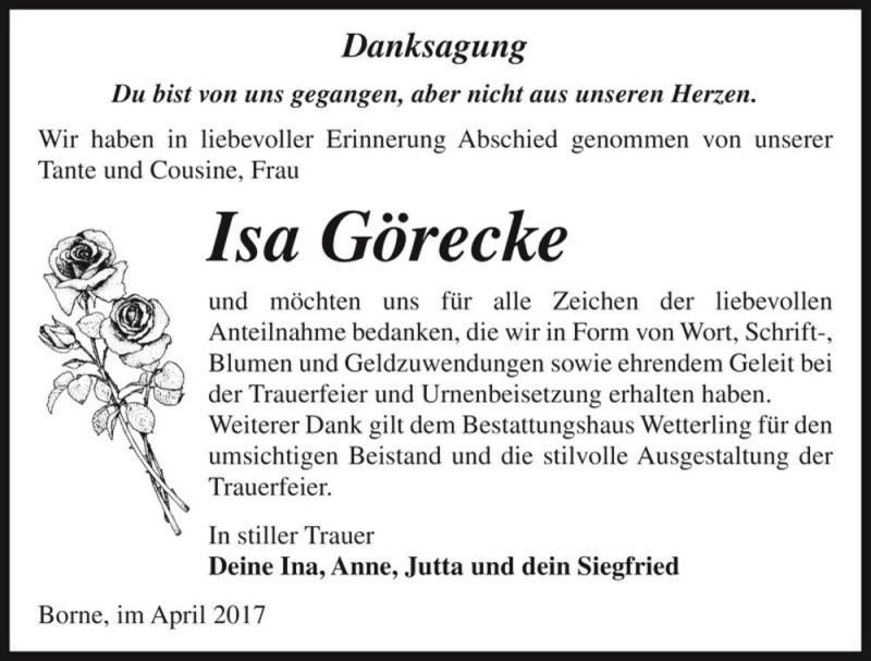  Traueranzeige für Isa Görecke  vom 08.04.2017 aus Magdeburger Volksstimme