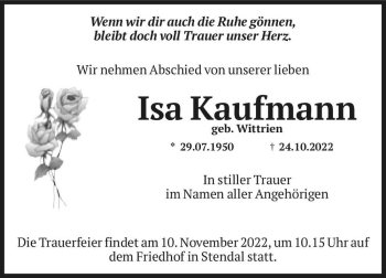 Traueranzeige von Isa Kaufmann (geb. Wittrien)  von Magdeburger Volksstimme