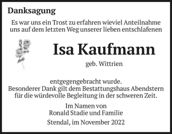 Traueranzeige von Isa Kaufmann (geb. Wittrien)  von Magdeburger Volksstimme