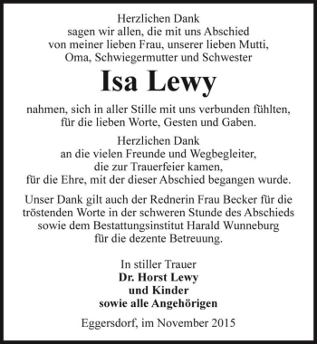 Traueranzeige von Isa Lewy  von Magdeburger Volksstimme
