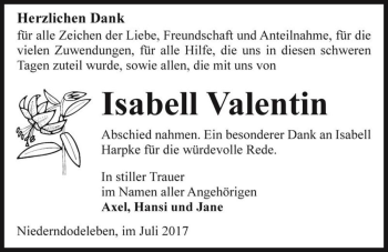 Traueranzeige von Isabell Valentin  von Magdeburger Volksstimme