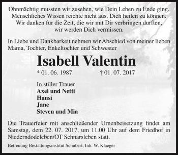 Traueranzeige von Isabell Valentin  von Magdeburger Volksstimme
