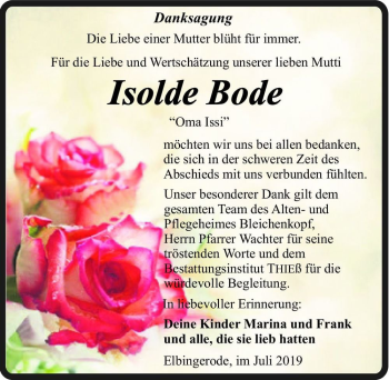 Traueranzeige von Isolde Bode (Oma Issi)  von Magdeburger Volksstimme