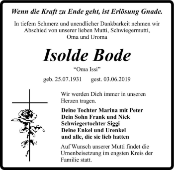 Traueranzeige von Isolde Bode 