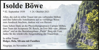 Traueranzeige von Isolde Böwe  von Magdeburger Volksstimme