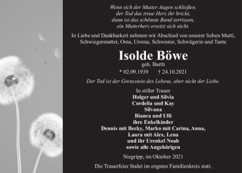 Traueranzeige von Isolde Böwe (geb. Barth)  von Magdeburger Volksstimme