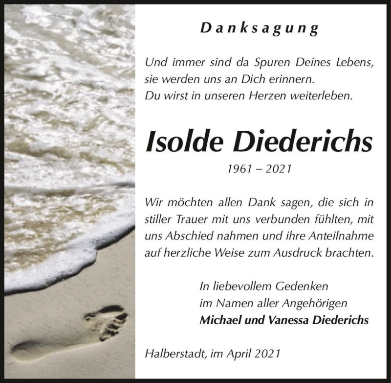  Traueranzeige für Isolde Diederichs  vom 24.04.2021 aus Magdeburger Volksstimme