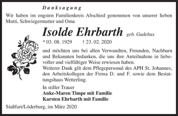Traueranzeige von Isolde Ehrbarth (geb. Gudehus)  von Magdeburger Volksstimme